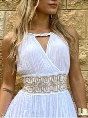 Cotton Gauze Grecian Goddess Cross Over Front Maxi Dress, White/Gold, S/M